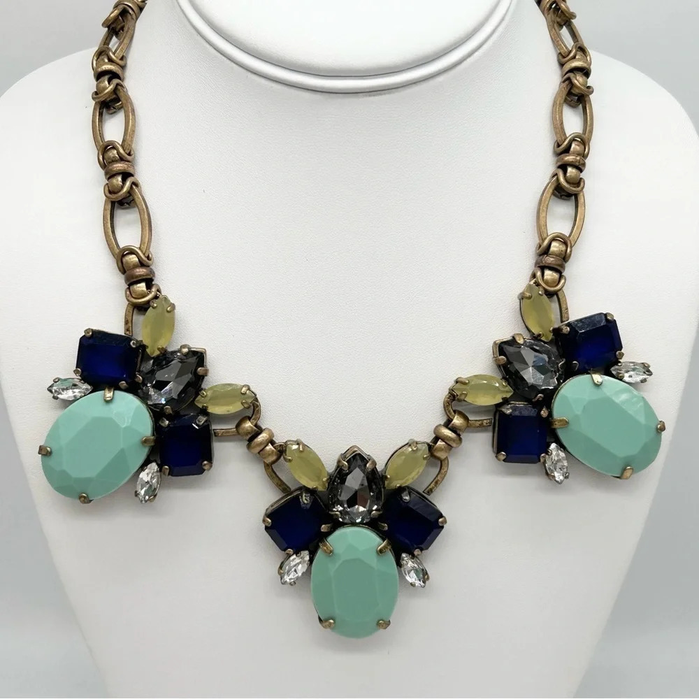 J. Crew Green Navy Gray Jeweled Necklace